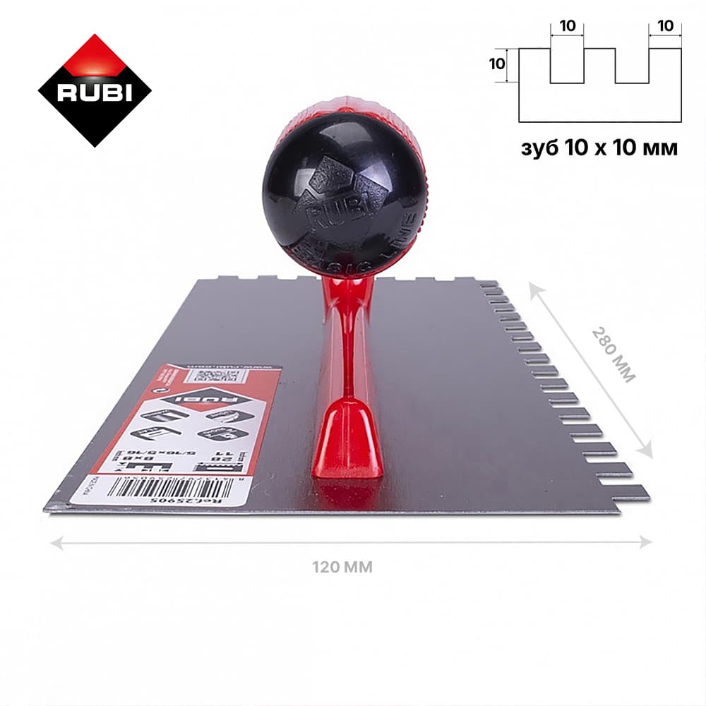 Гребенка (шпатель строительный) RUBI 280*120мм, зуб 10мм, арт.25906